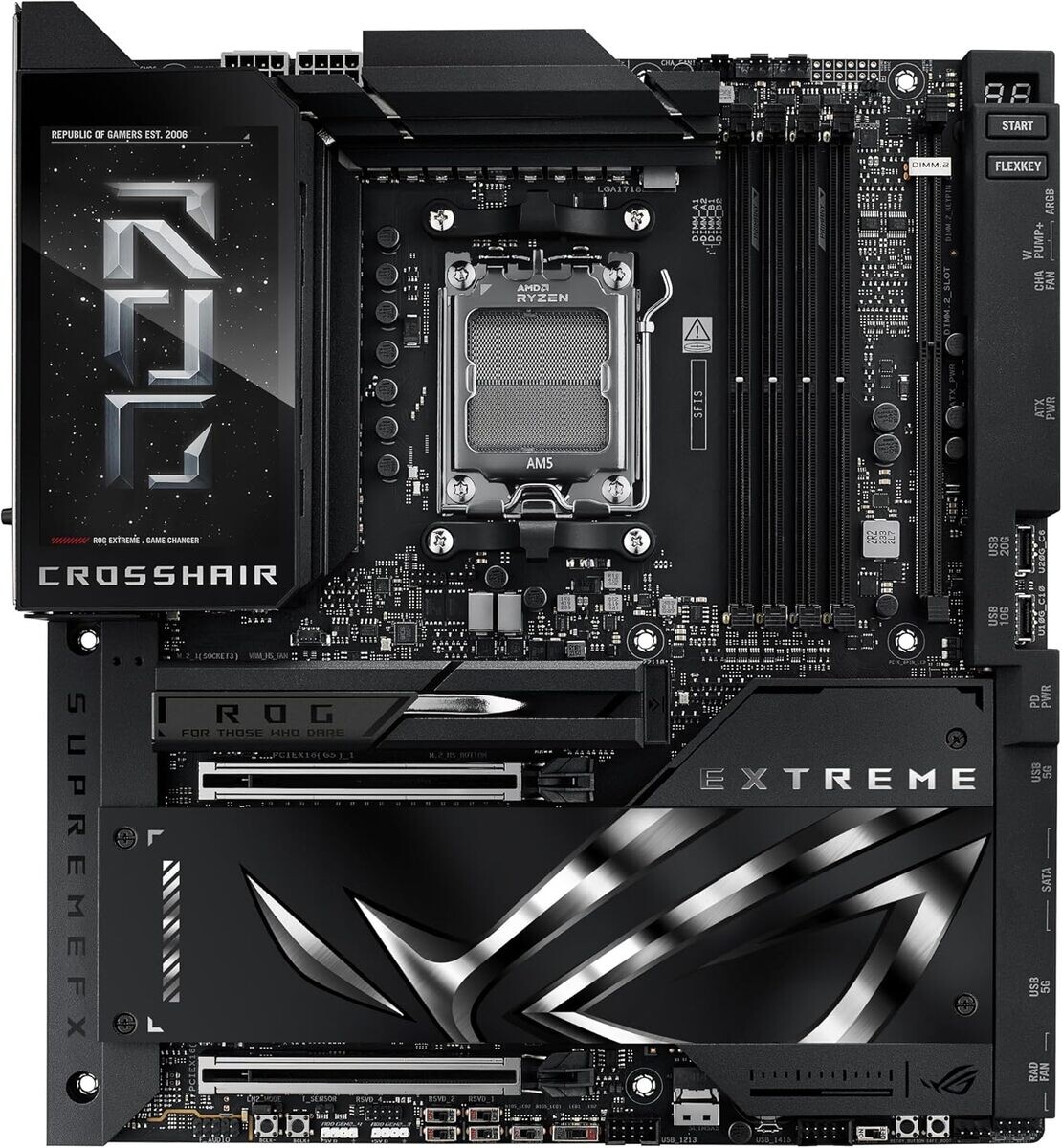 A picture of the ASUS ROG Crosshair X870E Extreme Motherboard is shown.