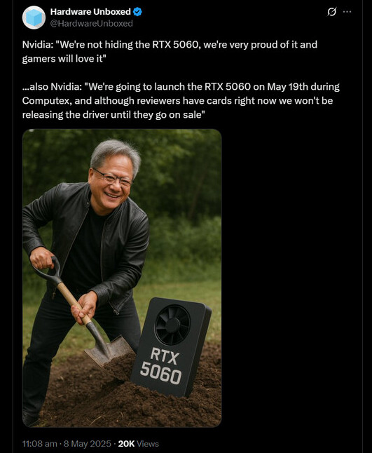 It has been reported that NVIDIA is restricting press access to GeForce RTX 5060 drivers, indicating that reviews may be delayed.